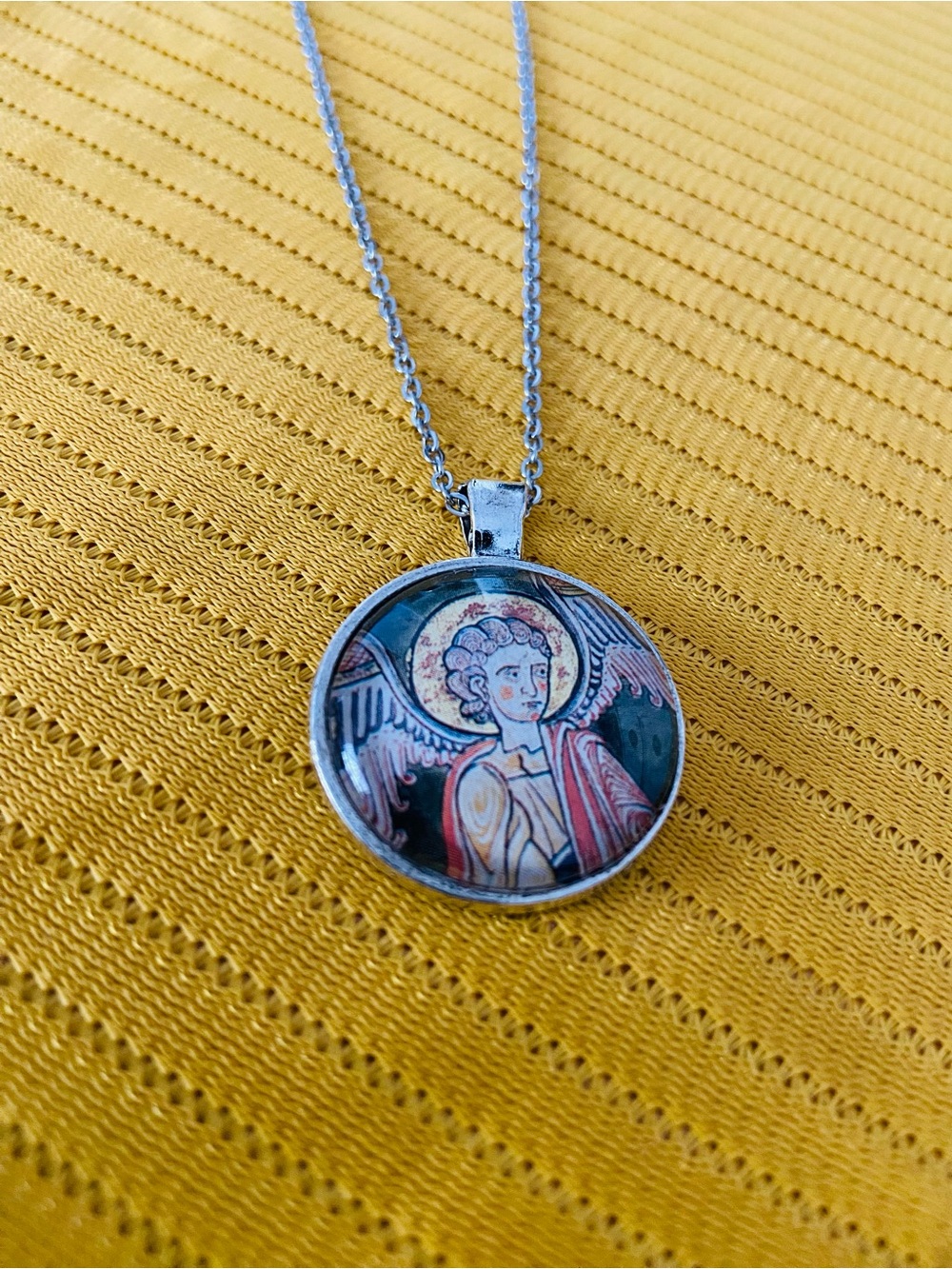 Medieval Angel Pendant Necklace, Byzantine Art Glass Cabochon Charm, 18โ Silver